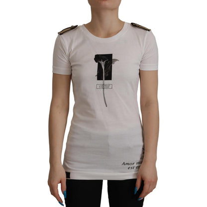 Dolce & Gabbana White Black Roses Crewneck Cotton T-shirt