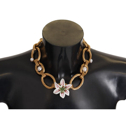Dolce & Gabbana Gold White Lily Floral Chain Statement Necklace