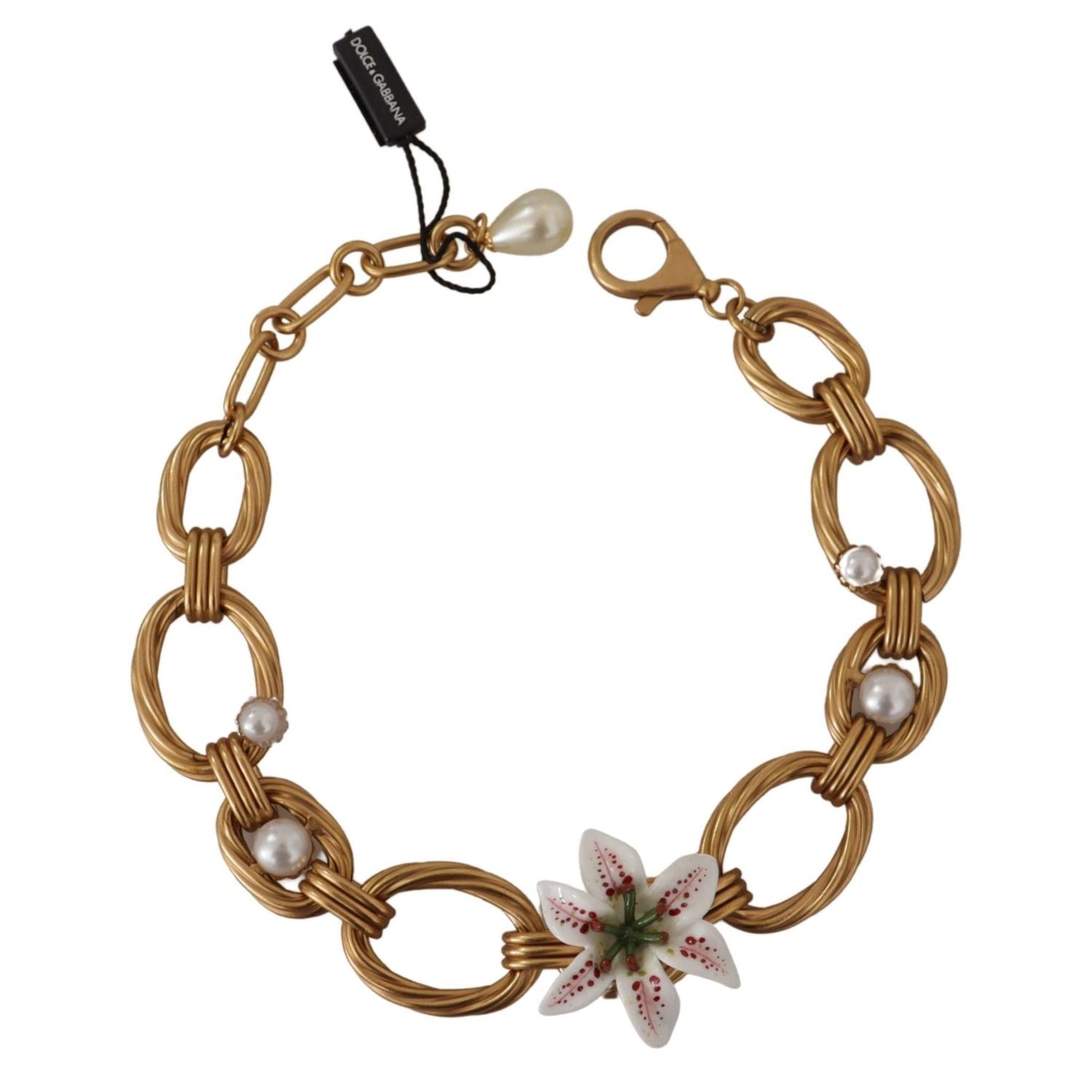 Dolce & Gabbana Gold White Lily Floral Chain Statement Necklace