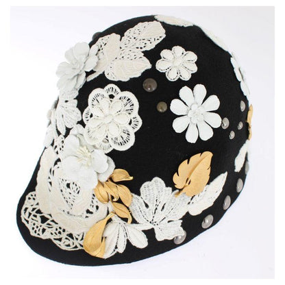 Dolce & Gabbana Black Wool White Floral Gold Leaf Hat Hat