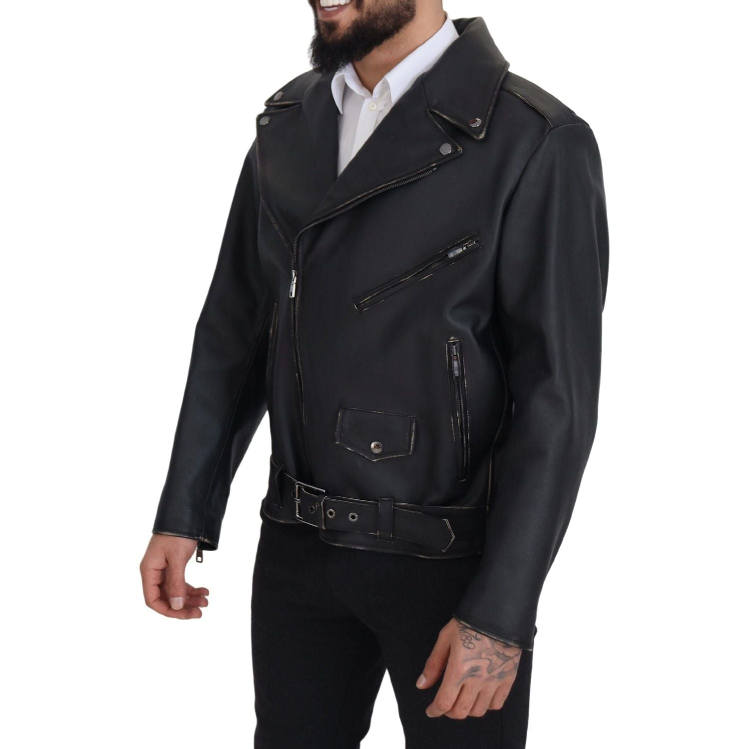 Dolce & Gabbana Black Leather Biker Coat Zipper Jacket