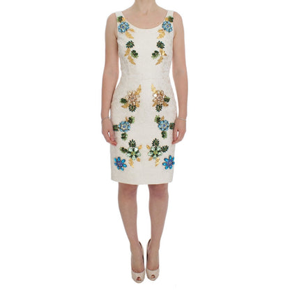 Dolce & Gabbana White Brocade Crystal Sheath Dress
