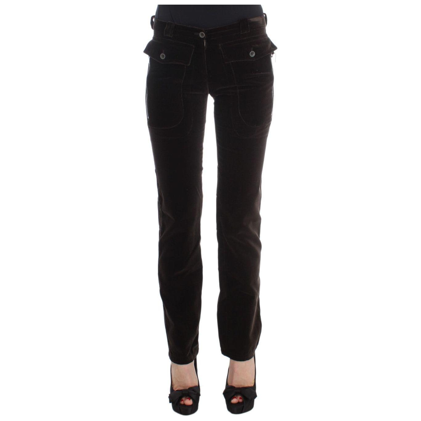 Ermanno Scervino Brown Cotton Velvet Zippers Slim Fit Pants