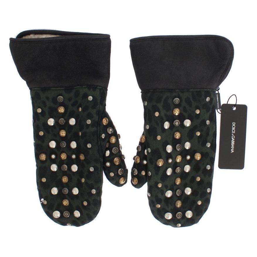 Dolce & Gabbana Gray Wool Shearling Studded Green Leopard Gloves