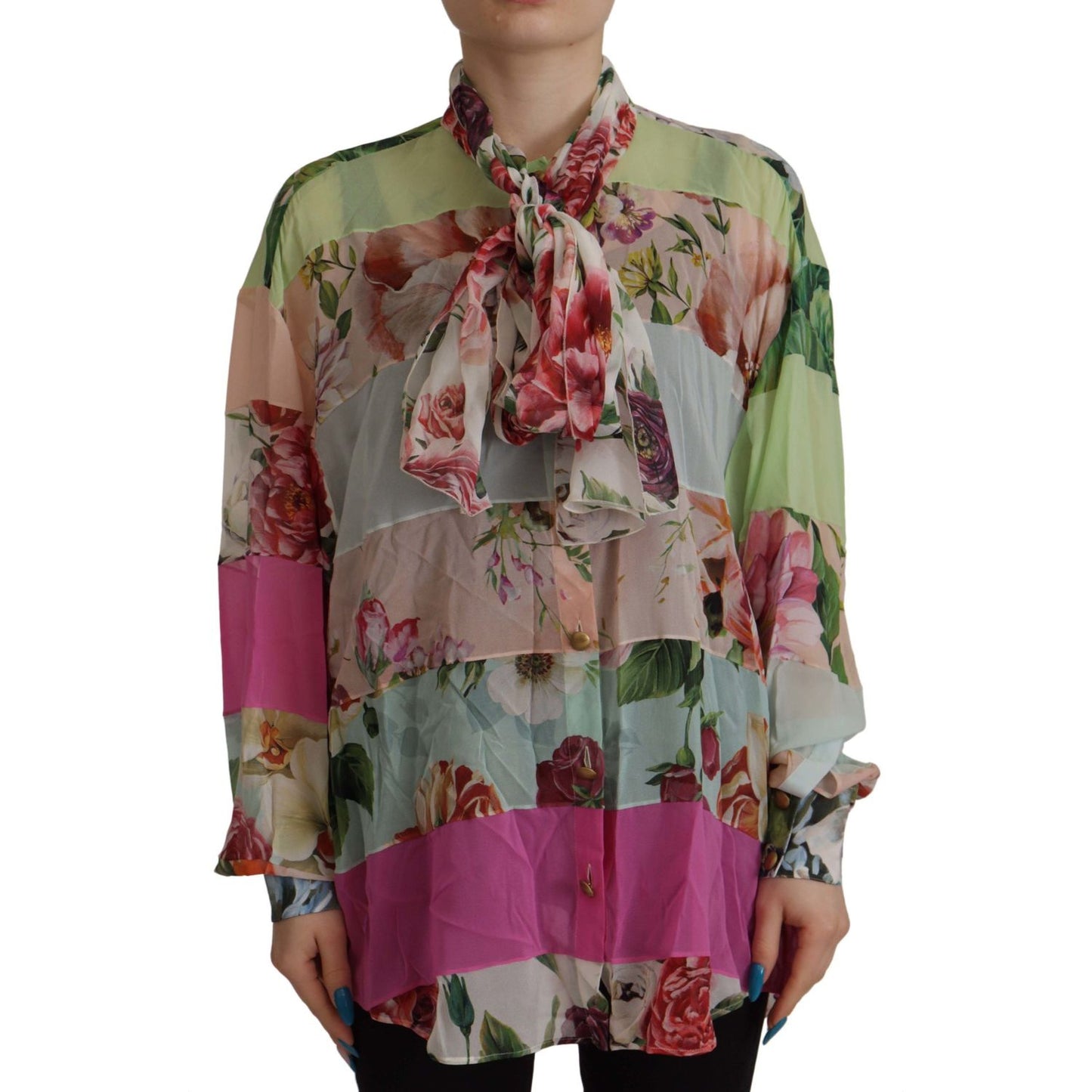 Dolce & Gabbana Multicolor Floral Patchwork Design Ascot Collar Top Blouse TSH7868- 42