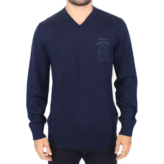 Ermanno Scervino Blue Wool Blend V-neck Pullover Sweater SIG10105-3