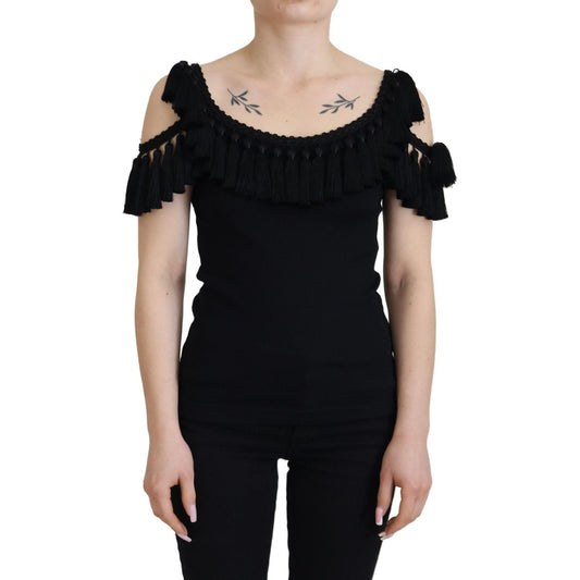 Dolce & Gabbana Black Tank Top Blouse Tassle Cotton Blouse TSH83190- 38