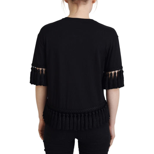 Dolce & Gabbana Black T-shirt Blouse Tassle Cotton Blouse TSH83244- 36