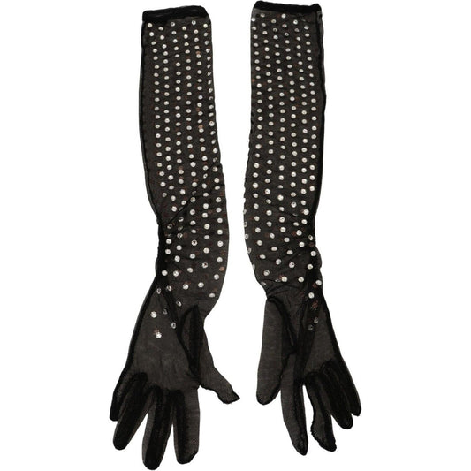 Dolce & Gabbana Black Crystal Elbow Length Cotton Tulle Gloves LB3093 - 7.5