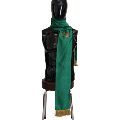 Dolce & Gabbana Green Crown Embroidered Shawl Fringe Blend Silk