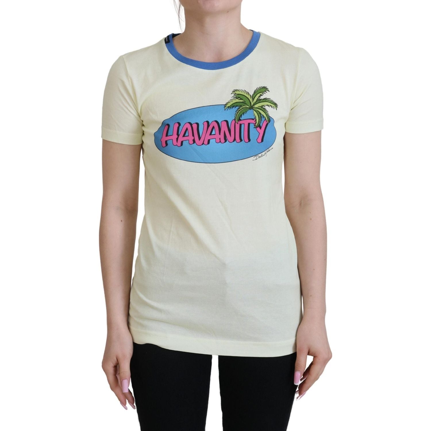 تي شيرت قطني أصفر أنيق بطبعة أنيقة من دولتشي آند غابانا