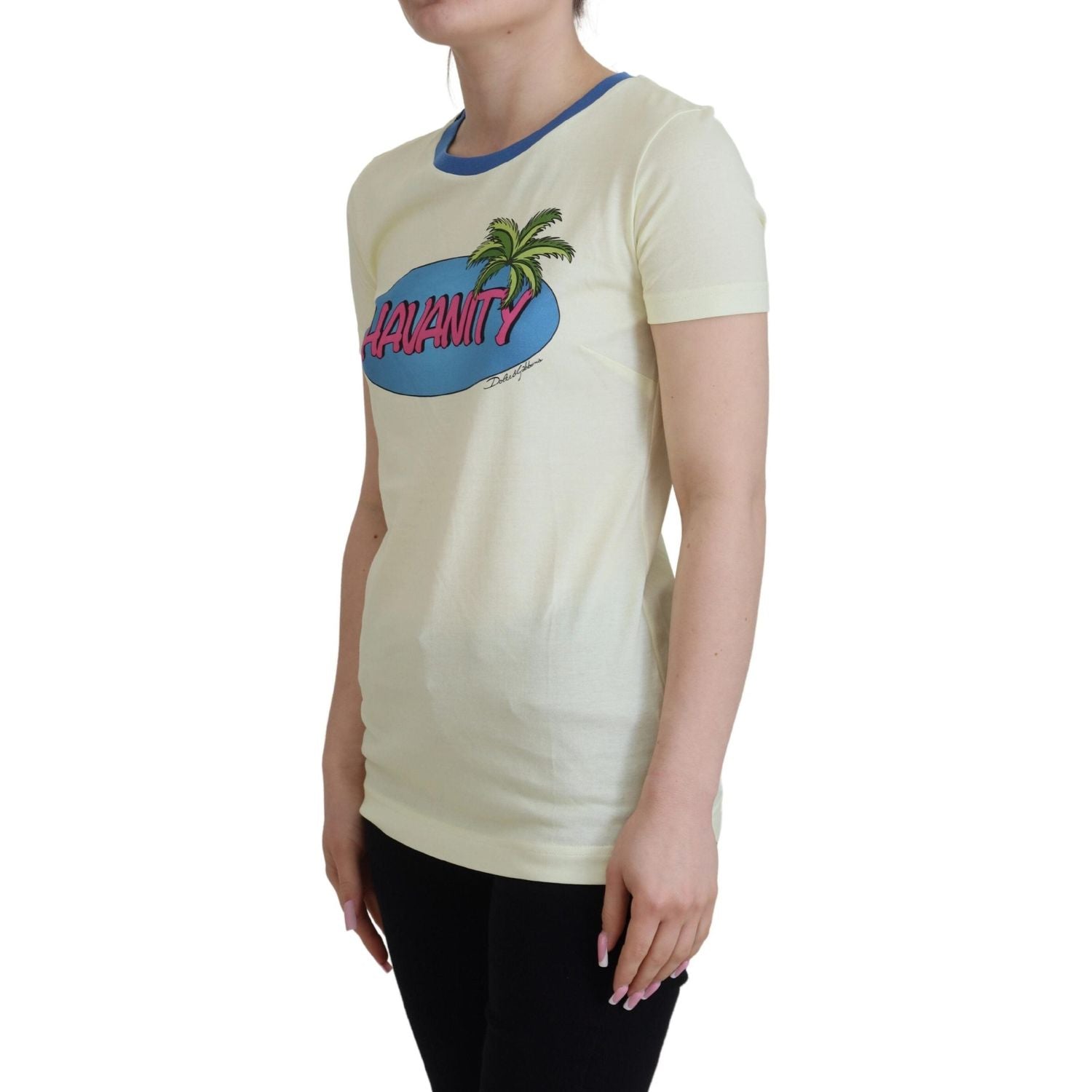 تي شيرت قطني أصفر أنيق بطبعة أنيقة من دولتشي آند غابانا