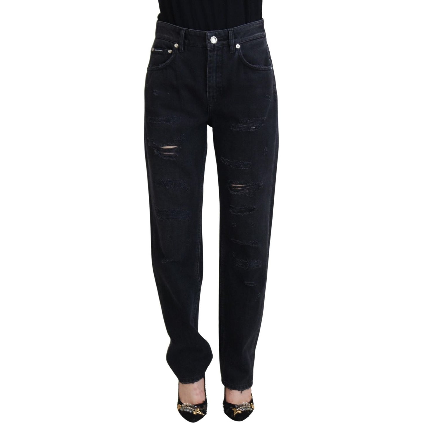 Dolce & Gabbana Black Cotton Tattered High Waist Denim Jeans PAN73081 - 40