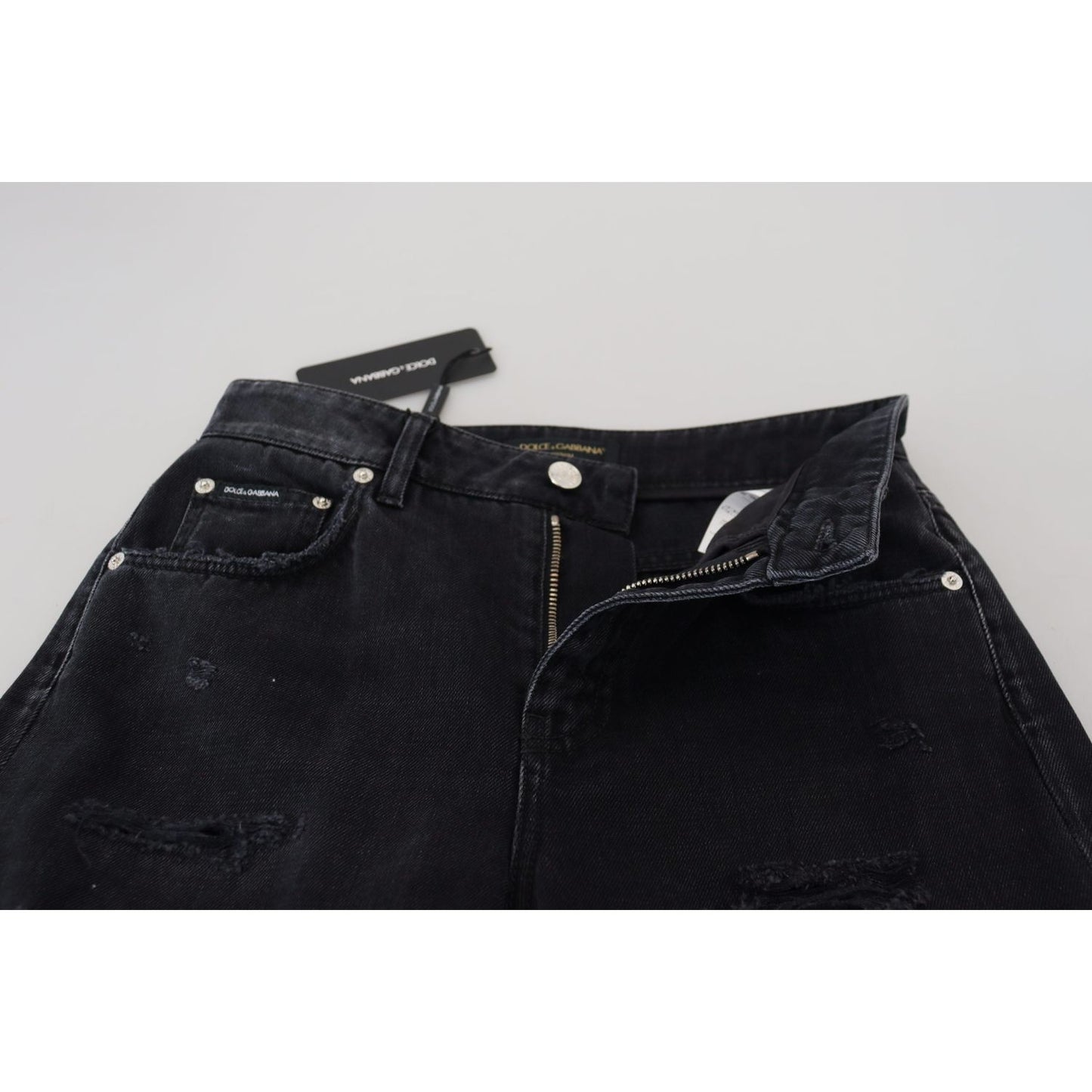 Dolce & Gabbana Black Cotton Tattered High Waist Denim Jeans