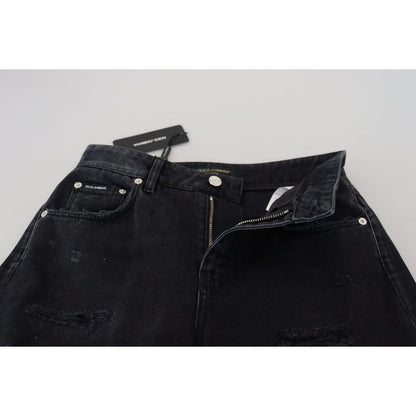 Dolce & Gabbana Black Cotton Tattered High Waist Denim Jeans
