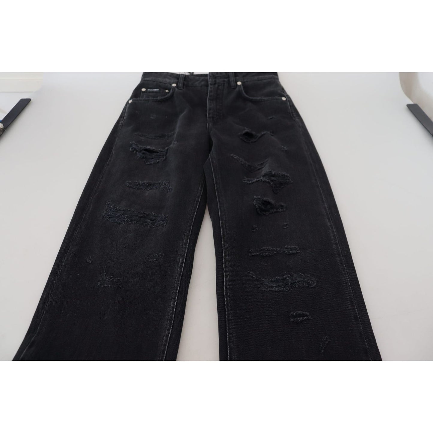 Dolce & Gabbana Black Cotton Tattered High Waist Denim Jeans PAN73081 - 40