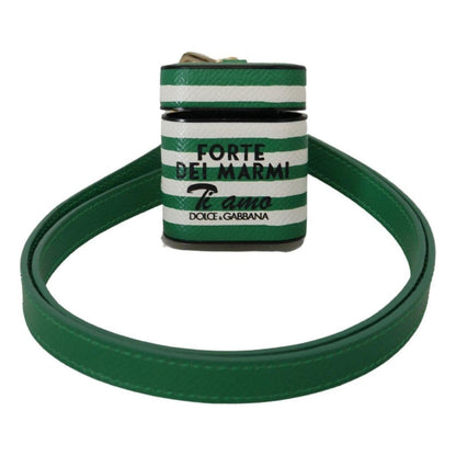 Dolce & Gabbana Green Leather Strap Gold Metal Logo Airpods Case