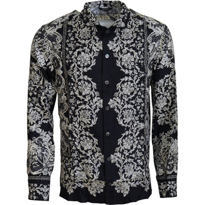 Dolce & Gabbana Blue Silk Floral Baroque Satin Casual Shirt
