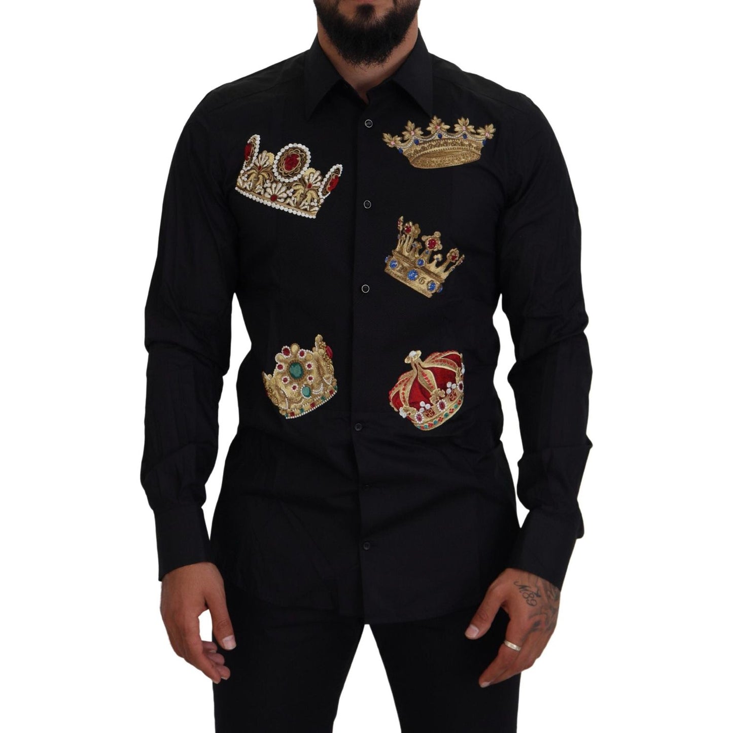 Dolce & Gabbana Black Gold Crown Slim Fit Dress Formal Shirt