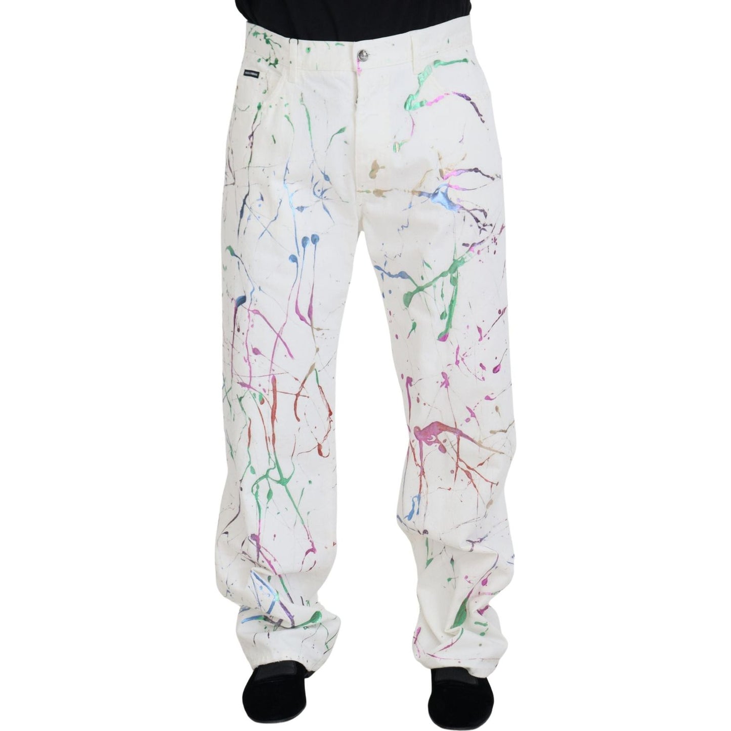 Dolce & Gabbana White Cotton Color Splash Print Denim Pants