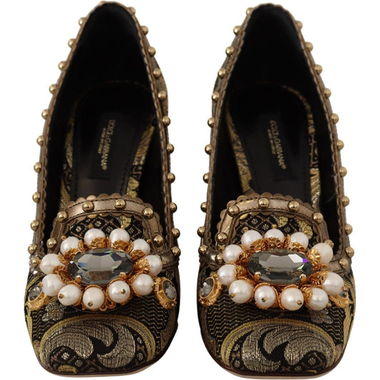 Dolce & Gabbana Gold Crystal Square Toe Brocade Pumps Shoes LA9965 - 36