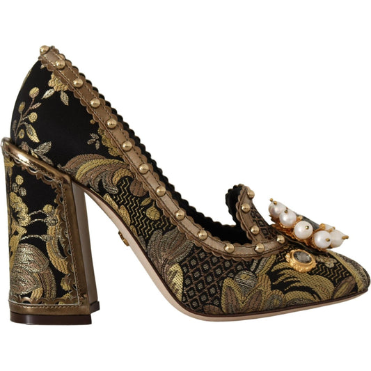 Dolce & Gabbana Gold Crystal Square Toe Brocade Pumps Shoes LA9965 - 36