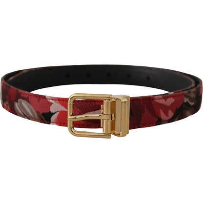 Dolce & Gabbana Red Jacquard Rose Leather Gold Metal Buckle Belt