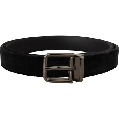 Dolce & Gabbana Black Velvet Silver Tone Logo Metal Buckle Belt
