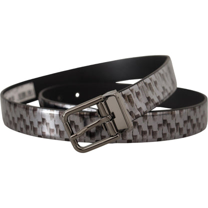 Dolce & Gabbana Gray Herringbone Leather Gray 3D Metal Buckle Belt