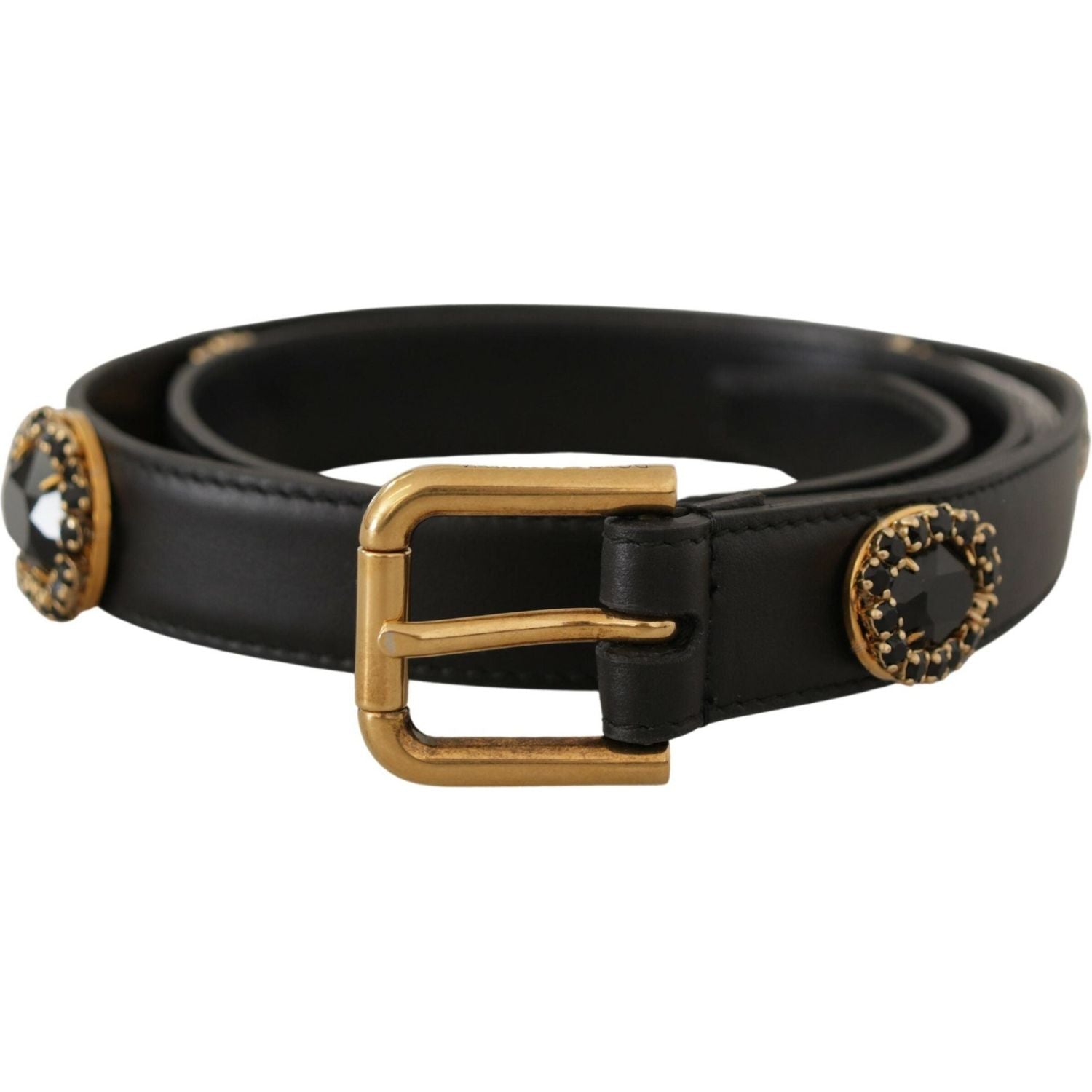 Dolce & Gabbana Black Leather Embellished Crystal Logo Belt
