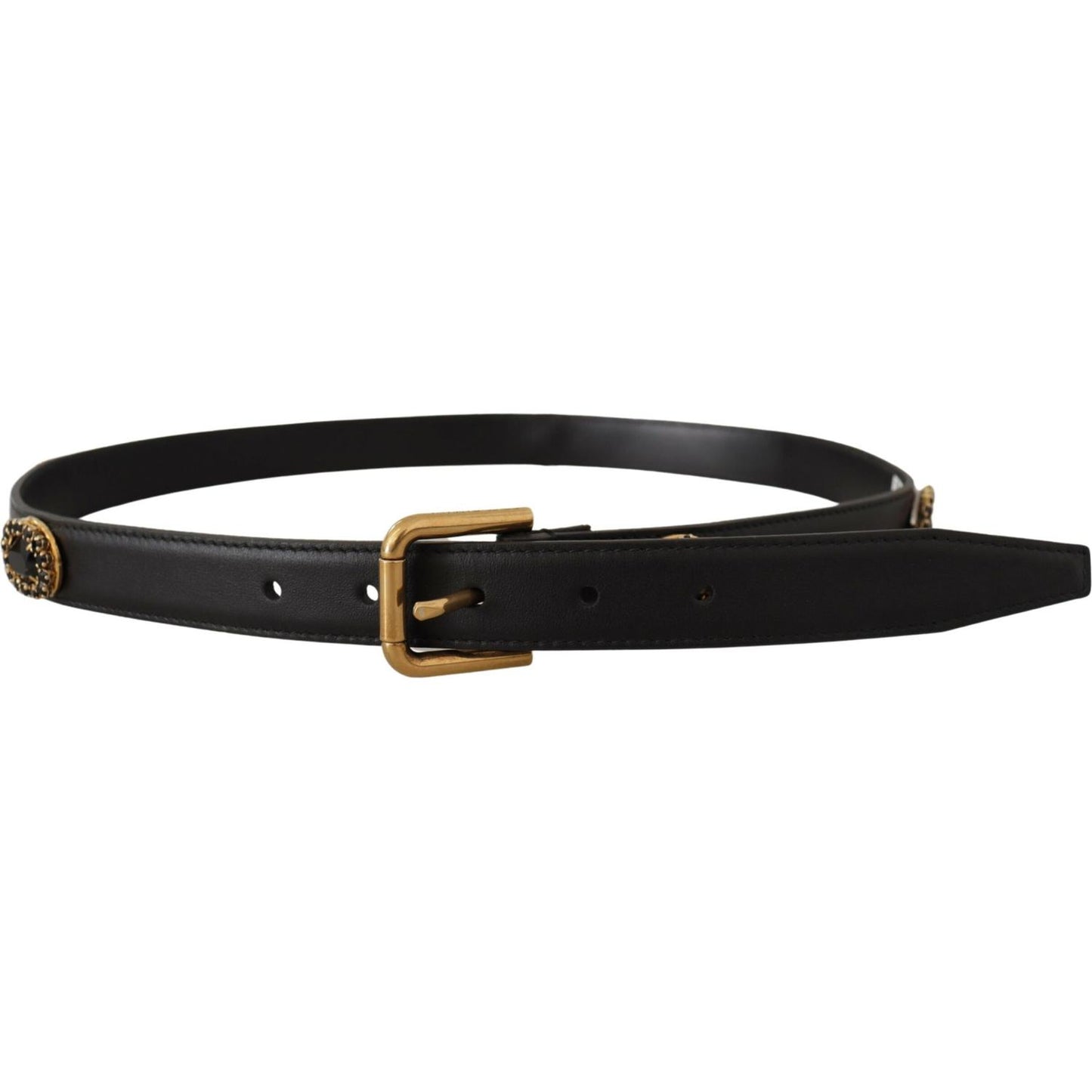 Dolce & Gabbana Black Leather Embellished Crystal Logo Belt BEL8618 - 85