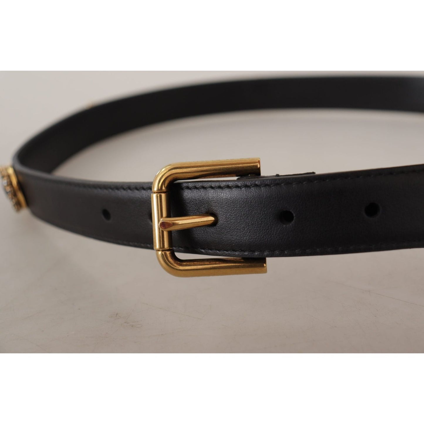 Dolce & Gabbana Black Leather Embellished Crystal Logo Belt BEL8618 - 85