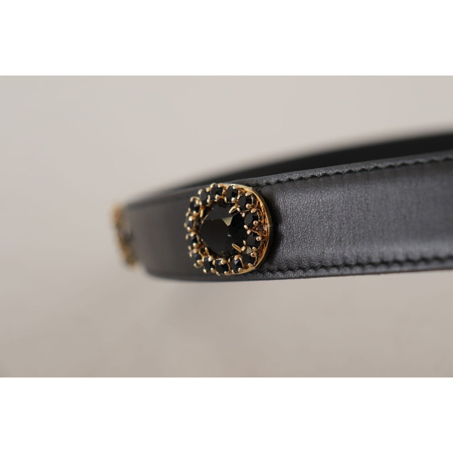 Dolce & Gabbana Black Leather Embellished Crystal Logo Belt BEL8618 - 85
