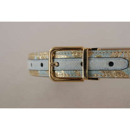 Dolce & Gabbana Blue Leather Jacquard Embossed Gold Metal Buckle Belt