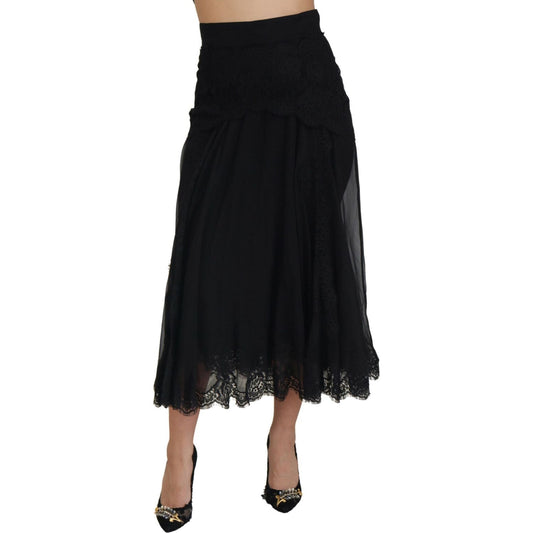 Dolce & Gabbana Black Silk Lace Trim High Waist Midi Skirt SKI1908 - 40