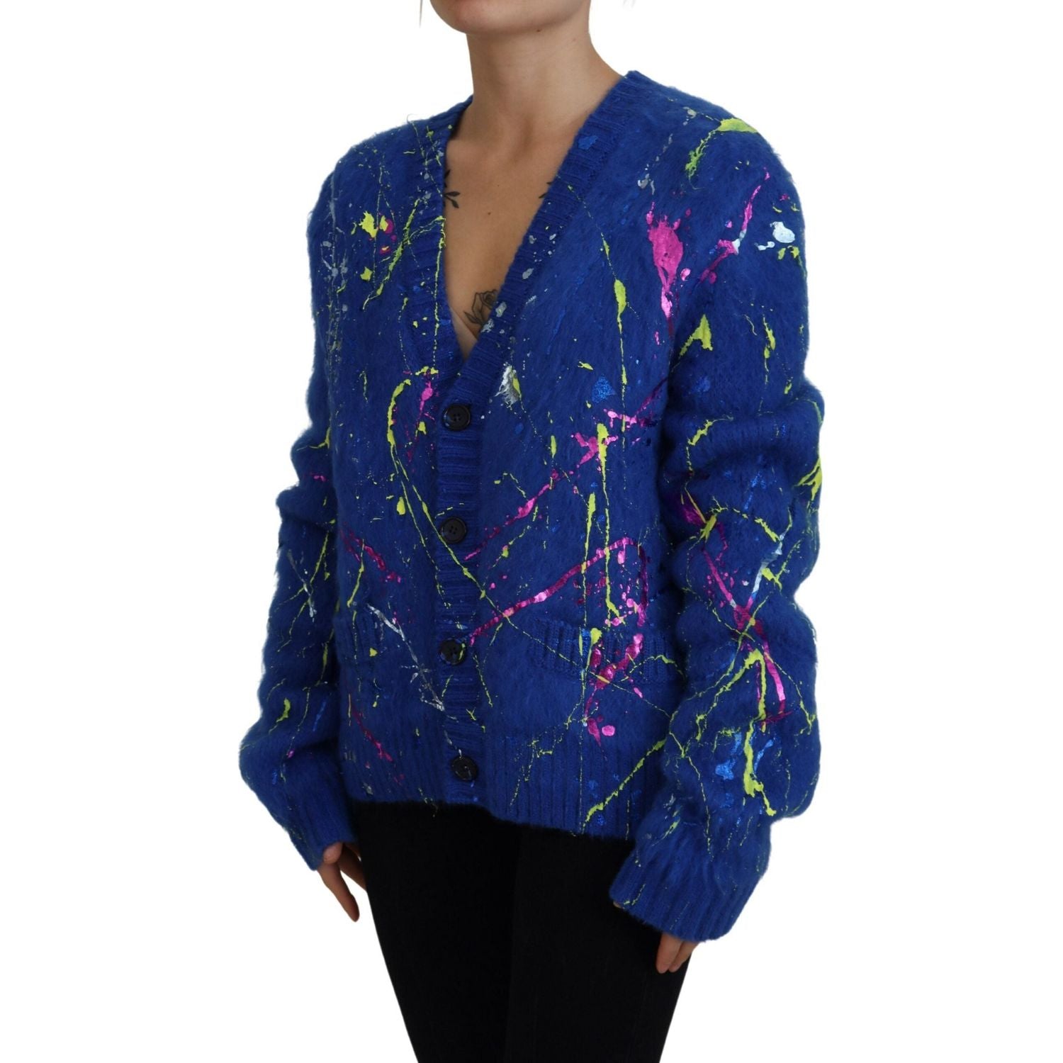 Dolce & Gabbana Blue Color Splash Mohair Cardigan  Sweater