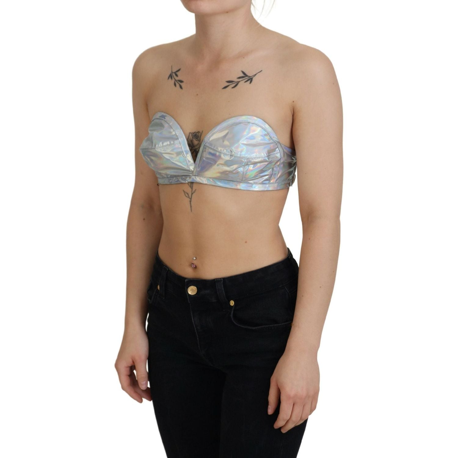 Dolce & Gabbana Silver Holographic Effect Bustier Brassiere Top