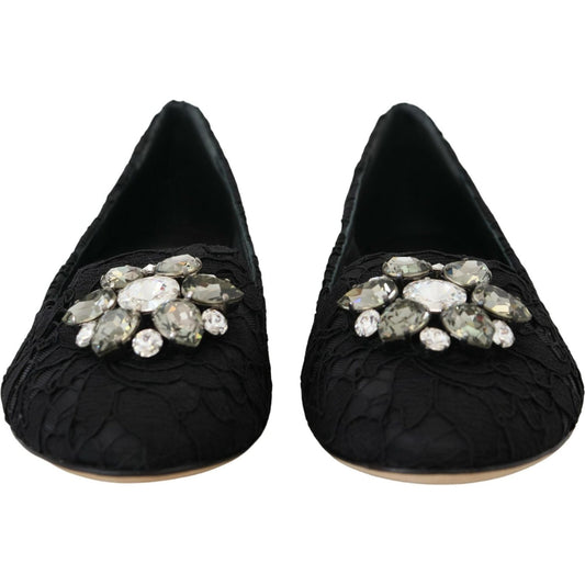 Dolce & Gabbana Black Taormina Lace Crystals Flats Shoes LA10200-35