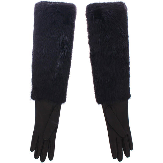 Dolce & Gabbana Black Beaver Fur Lambskin Leather Elbow Gloves MOM11432- 7.5