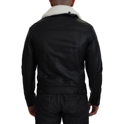 Dolce & Gabbana Black Lamb Leather Collared Men Coat Jacket