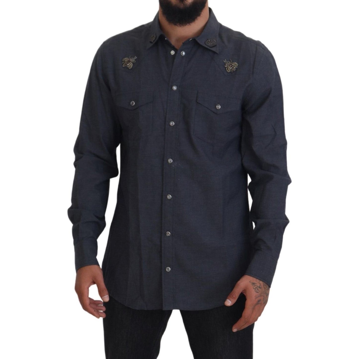 Dolce & Gabbana Blue Cotton Denim Crystal Bee Shirt