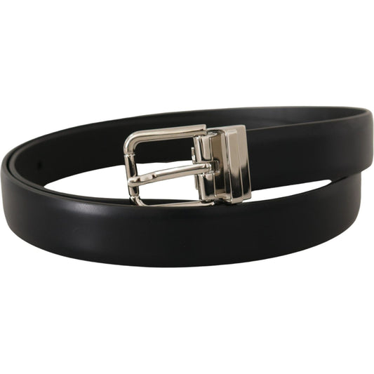 Dolce & Gabbana Black Calf Leather Silver Metal Logo Buckle Belt