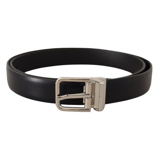 Dolce & Gabbana Black Calf Leather Silver Metal Logo Buckle Belt
