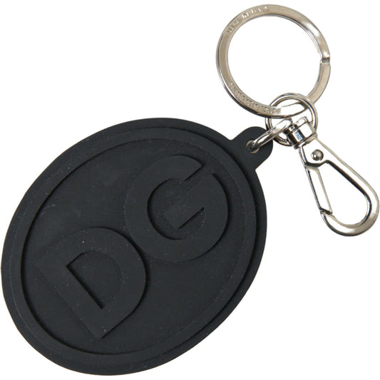 Dolce & Gabbana Black Rubber DG Logo Silver Brass Metal Keychain SMY101168
