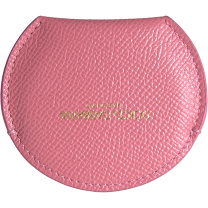 Dolce & Gabbana Pink Calfskin Leather Round Logo Print Hand Mirror Holder