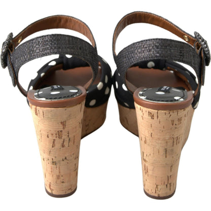 Dolce & Gabbana Black Wedges Polka Dotted Ankle Strap Shoes Sandals