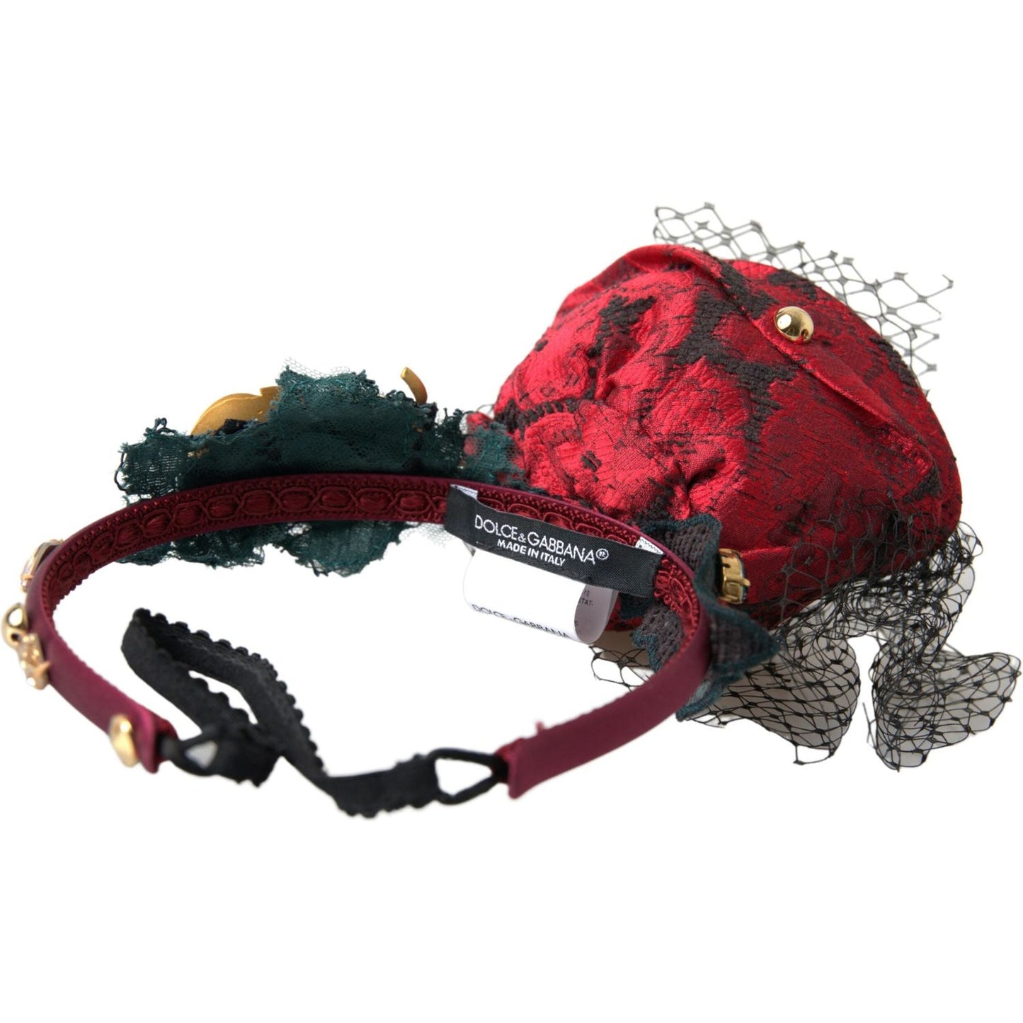 Dolce & Gabbana Red with multicolor Rose Silk Crystal Netted Logo Diadem Headband