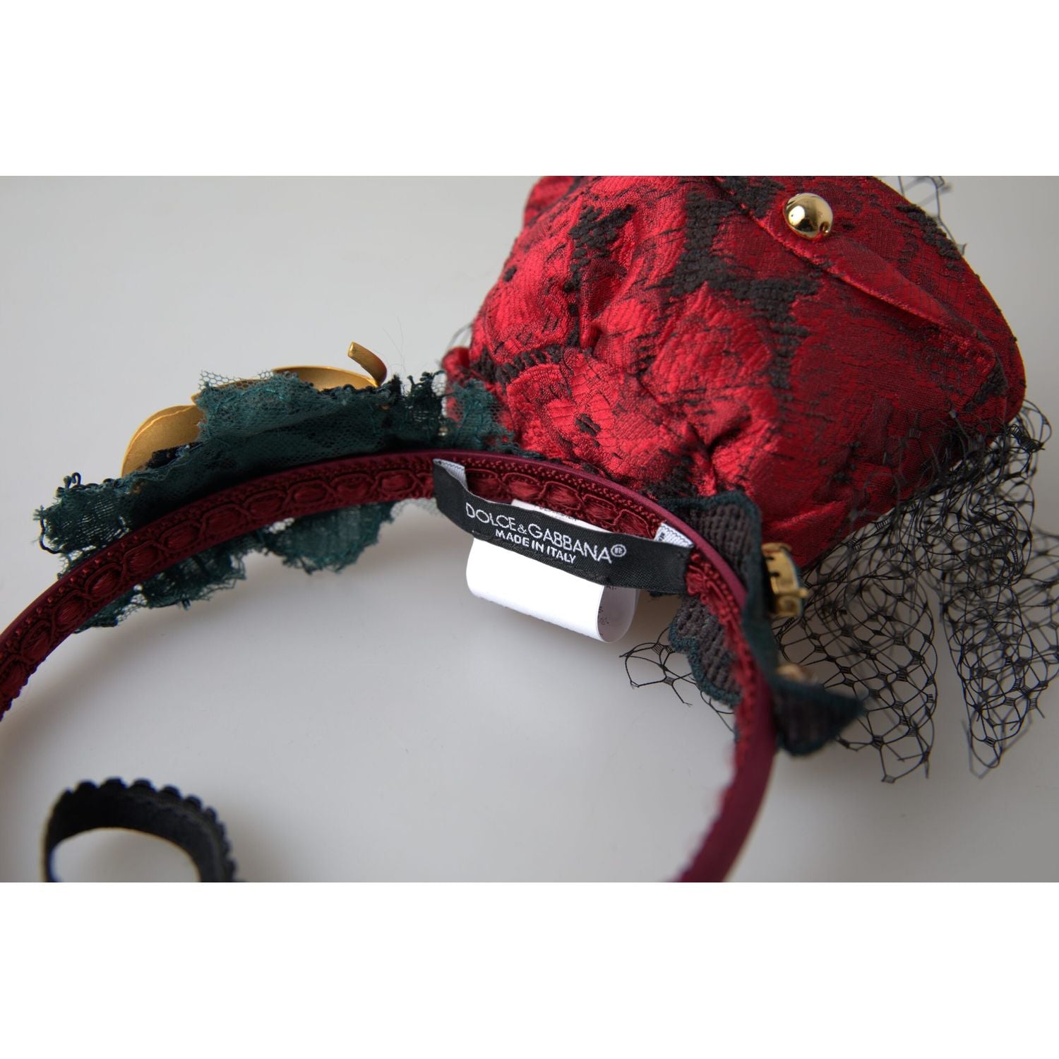 Dolce & Gabbana Red with multicolor Rose Silk Crystal Netted Logo Diadem Headband