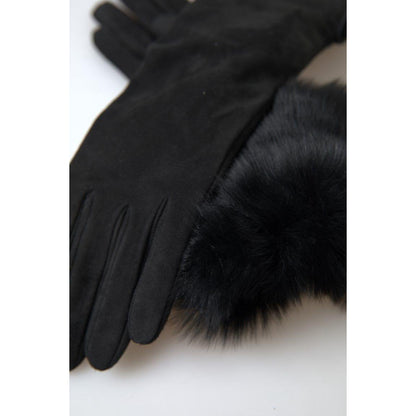 Dolce & Gabbana Black Leather Fur Elbow Length Gloves