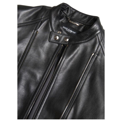 Dolce & Gabbana Black Leather Zipper Coat Men Jacket
